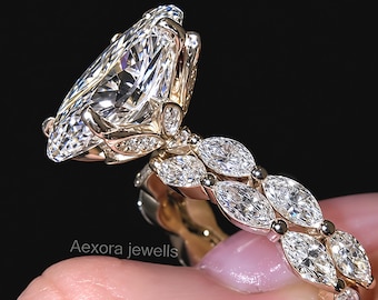 Set di anelli di fidanzamento con moissanite ovale da 7 carati, oro 14 carati, griffe a forma di fiore, fascia a marquise.