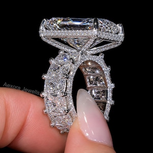 12ct Radiant Diamond Engagement Ring, 11ct Moissanite Eternity Band, 14K White Gold Hidden Halo