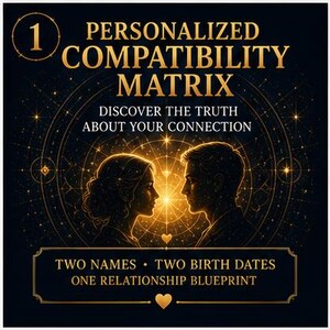 Könnte beinhalten: Eine dunkle quadratische Grafik mit dem Text Personalized Compatibility Matrix, Discover the Truth About Your Connection, Two Names, Two Birth Dates, One Relationship Blueprint, und Silhouetten zweier Personen, die sich in goldenem Licht gegenüberstehen.