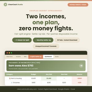 May include: A digital couples budget spreadsheet for Google Sheets and Excel titled Two incomes, one plan, zero money fights. The interface displays a dashboard with a split and settle-up tab, expense categories, budget columns, and payment tracking.