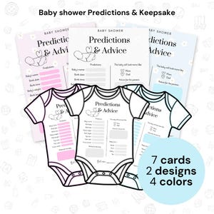 Op de afbeelding: Een set baby shower voorspellings- en advieskaarten met rompertjesontwerpen in roze, blauw en wit. De kaarten bevatten velden voor naam, geboortedatum, tijd, gewicht, lengte, oog- en haarkleur en wensen, met de tekst Baby shower Predictions & Advice.