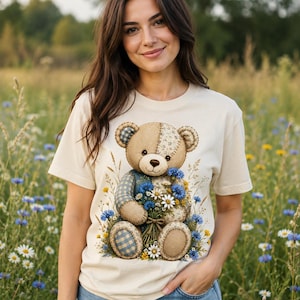 Patchwork Teddy Bear Wildflower T-Shirt, Blue Floral Gildan 64000 Unisex Tee