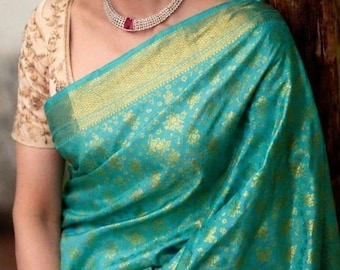 Sari en soie semi-Kanchivaram pour les fêtes | Sari en soie douce de qualité supérieure | Chemisier cousu (couleur assortie)
