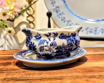 Vintage Blue Willow Gravy Boat with Attached Underplate | Made in Japan | Petite Sauce Server