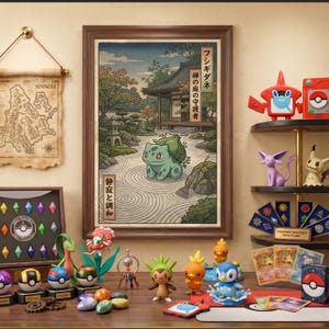 Op de afbeelding: Een ingelijste kunstdruk met een groene Bulbasaur in een Japanse zen-tuin, omringd door diverse Pokémon-figuren, waaronder een blauwe Piplup, oranje Torchic en paarse Espeon, naast een Sinnoh-regiokaart en displays met kleurrijke edelstenen.