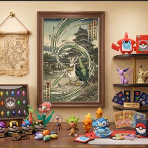 Puede incluir: Una lámina enmarcada de estilo ukiyo-e que muestra a un personaje Sirfetch'd blandiendo una espada de puerro frente a un castillo japonés, rodeado de varias figuras pequeñas de Pokémon, cartas coleccionables y fichas de gemas de colores.