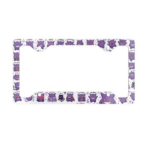 May include: A rectangular license plate frame featuring a repeating pattern of purple ghost-like creatures in various expressions and poses. The design includes small text labels such as CUTE MODE, SLEEPY, YAY, NOPE, CHAOS, SPOOKY BOI, SOFT BABY, and OH WOW.