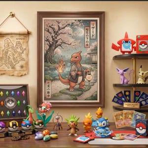 Puede incluir: Una lámina enmarcada que muestra a un personaje Charmeleon con kimono sosteniendo un farol bajo un cerezo en flor, rodeado de varias figuras de Pokemon, cartas coleccionables y fichas de colores con forma de gema sobre una superficie de madera.