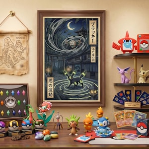 May include: A framed vertical poster featuring a dark Umbreon standing in a Japanese-style village at night under a crescent moon, with Japanese text, surrounded by various small colorful character figurines and trading cards on a wooden surface.