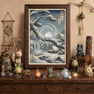 Può includere: Una stampa rettangolare incorniciata raffigurante un paesaggio innevato con una cascata, case tradizionali e una piccola creatura bianca su un ramo, circondata da varie statuette fantasy su una superficie in legno.