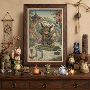 May include: A framed rectangular wall art print featuring a stylized illustration of a fox-like creature in samurai armor holding a sword, surrounded by swirling elemental energy, a torii gate, and a bonsai tree, with Japanese text characters.