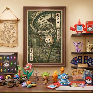 May include: A framed wall art print featuring a stylized illustration of a Rowlet Pokémon surrounded by a swirling wind vortex in a forest setting with Japanese text, displayed alongside various Pokémon figurines and collectible game cards.