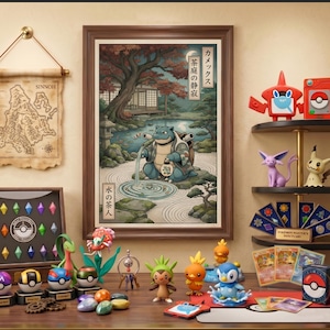 May include: A framed wall art print featuring a blue turtle-like creature in a Japanese garden, pouring water from a cannon into a pond. The artwork includes Japanese text, a large tree, and stone lanterns. Surrounding the print are various small character figurines, trading cards, and spherical containers on a wooden surface.