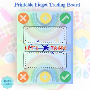 Puede incluir: Un tablero de intercambio de fidgets imprimible con un fondo de arcoíris pastel y dos áreas rectangulares para objetos. El tablero incluye símbolos X naranjas, signos más amarillos y marcas de verificación verdes. El texto dice "LET'S TRADE".