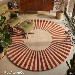 Hand Tufted Wool Sunburst Rug, Terracotta Ivory Round Carpet, Mid-Century Modern Home