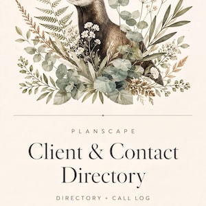 Könnte beinhalten: Ein Dokumentencover mit dem Titel PLANSCAPE Client & Contact Directory, Directory + Call Log, 39 Pages. Das Design zeigt eine Aquarellillustration eines braun-weißen Frettchens, umgeben von grünen Eukalyptusblättern, Farnen und kleinen weißen Blüten.