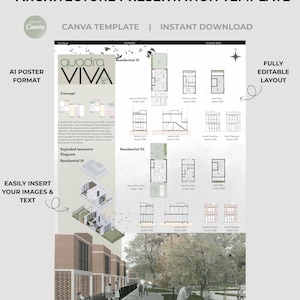 May include: An architecture presentation template in A1 poster format featuring the text "ARCHITECTURE PRESENTATION TEMPLATE", "CANVA TEMPLATE", "INSTANT DOWNLOAD", "QUADRA VIVA", "RESIDENTIAL 01", "RESIDENTIAL 02", and "MADE BY YRATELIERSTUDIO".