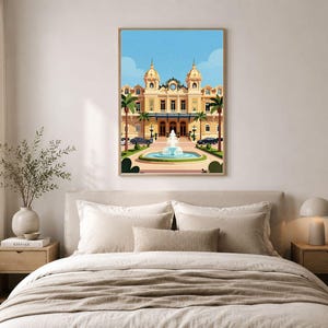 Puede incluir: Una impresión artística vertical que presenta una ilustración detallada del edificio del Casino de Montecarlo en Mónaco. La escena muestra la fachada arquitectónica beige, una fuente azul central, palmeras y coches aparcados.