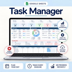 Könnte beinhalten: Ein Laptop zeigt eine Google Sheets Task Manager-Oberfläche mit Datentabellen, einem Kreisdiagramm und Statusmetriken. Kreisförmige Symbole heben Funktionen hervor: Smart Dashboard, Easy to Customize, Instant Access und ein Video Tutorial-Link.