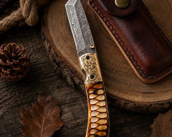 Handmade Damascus Folding Knife with Exotic Wood Handle, Custom Pocket Knife, Gift for Men, Leather Sheath Included