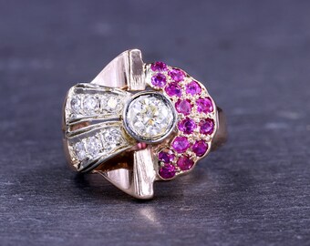 Art Deco Diamond and Ruby 14 Kt Yellow Gold Ring