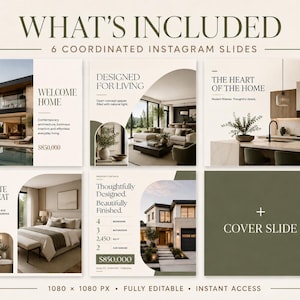Op de afbeelding: Een digitale sjablonenset met zes gecoördineerde Instagram-dia's voor vastgoedmarketing. De dia's tonen interieur- en exterieurfotografie van woningen, schreeflettertypen en tekst waaronder "Welcome Home", "Designed for Living" en "The Heart of the Home" op een neutraal beige en olijfgroen kleurenpalet.