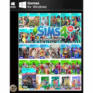 May include: A digital collection of The Sims 4 expansion, game, and stuff packs featuring various colourful character illustrations and titles like High School Years, Cottage Living, and Life & Death, with the Games for Windows and Steam logos.