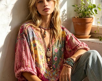 Blusa de lino y algodón con estampado floral bohemio vibrante - Camisa de verano con cuello en V extragrande - Top transpirable para vacaciones