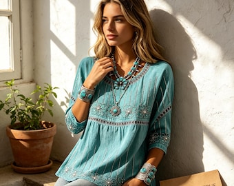 Vintage boho blouse met paisleyprint - tuniek met ronde hals - hippie-chique top met 3/4 mouwen
