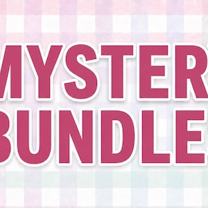 May include: A graphic design featuring the bold, dark pink text MYSTERY BUNDLES in a sans-serif font with a white outline, set against a soft, light-coloured background with a subtle, repeating pink and white checkered gingham pattern.