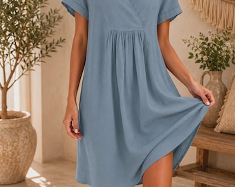 Linen Cotton Midi Dress Women, Casual Summer, V Neck Short Sleeve, Pockets , Vacation Outfit