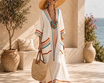Boho Leinen Maxi Kleid, Strand, Gestreifter Kaftan, Sommer-Resort, Übergroßes Leinen mit Taschen