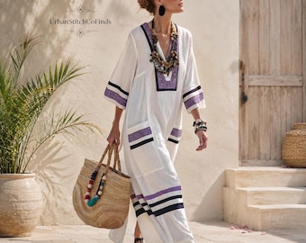 Handmade Linen Maxi Dress Women's Boho Striped Kaftan with Pockets Oversized Resort Beach Wear