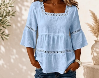 Blusa peplum de mujer con ribete de encaje, estilo bohemio, cuello cuadrado, mangas acampanadas, de algodón, ideal para el verano.