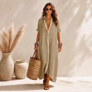 Katoenen linnen damesshirt, contrasterende maxi-jurk, losse casual zomerstrandjurk, kaftan