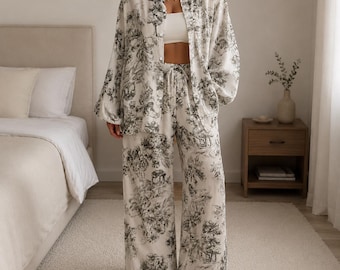 Conjunto de pijama floral feminino, conjunto de dormir oversized, camisa de botões e calça pantalona, conjunto de pijama rosa com estampa de lona, presente de luxo para ela.