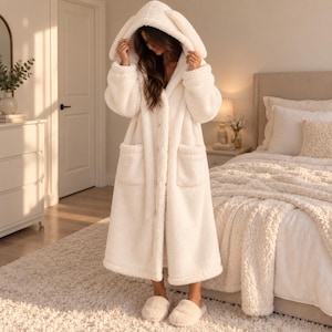 May include: A long, cream-coloured, plush fleece robe featuring a hood with two attached rabbit-like ears, long sleeves, a button-front closure, and two front patch pockets. The robe is paired with matching cream-coloured, plush fleece slippers.