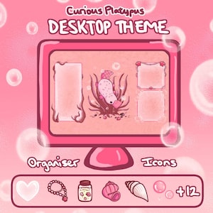 May include: A pink computer monitor displaying a Curious Platypus desktop theme with a platypus illustration, bubbles, and frames. Below, a rectangular bar features icons including a heart, necklace, jar, shells, and bubbles with text +12.