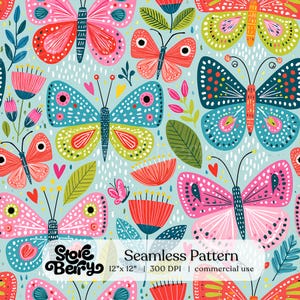 May include: A seamless pattern featuring colorful butterflies in shades of pink, blue, red, and yellow on a light blue background, interspersed with stylized flowers and leaves. The text reads Store Berry Seamless Pattern 12" x 12" 300 DPI.