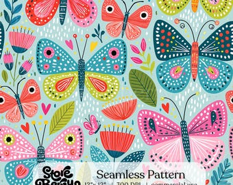 Colorful Butterfly Seamless Pattern, Whimsical Floral Digital Paper, Pink Butterfly Fabric Print