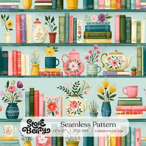Puede incluir: Un patrón continuo que muestra estantes llenos de libros coloridos, plantas en macetas y teteras florales. La ilustración incluye varios jarrones, tazas y libros apilados en tonos rosa, verde, azul y amarillo sobre un fondo azul claro.