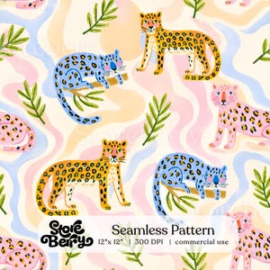 Papel digital con estampado de leopardo de la selva y safari colorido sin costuras, estampado de felino salvaje, papel infantil con estampado de safari.