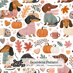 May include: A seamless pattern featuring illustrations of dachshunds wearing sweaters and scarves, interspersed with orange and white pumpkins, autumn leaves, hearts, and mugs. The text reads Storeberry Seamless Pattern 12" x 12" 300 DPI.
