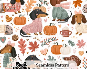 Dachshund Pumpkin Spice Seamless Pattern, Cute Autumn Dog Digital Paper for Fall Crafts projects
