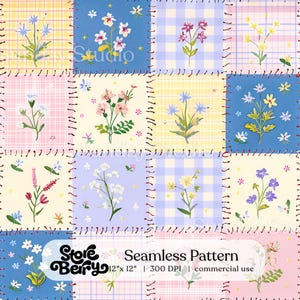 Preppy Pastel Floral Patchwork Seamless Pattern, Ditsy Botanical Flower Print, Spring Fabric Surface Design