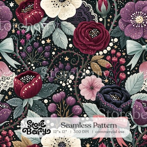 May include: A seamless pattern featuring dark red, purple, and white flowers, berries, and light blue bows on a black background with small gold stars. The text reads Storeberry Seamless Pattern 12" x 12" | 300 DPI | commercial use.