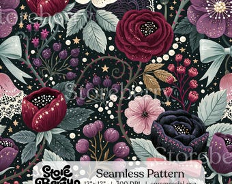 Dark Gothic Floral Seamless Pattern, Moody Rose Digital Paper, Fabric Print Design