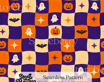 Retro Purple Halloween Seamless Pattern, Ghost Bat Checkered Digital Paper, Fabric Design, Digital Download