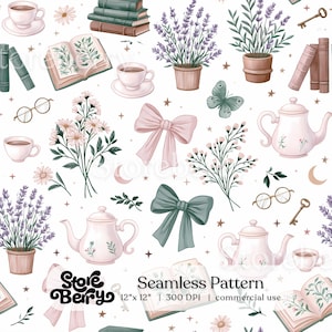Könnte beinhalten: Ein nahtloses Muster mit Illustrationen von Lavendelpflanzen in Töpfen, rosa Teekannen, Teetassen auf Untertassen, offenen Büchern, Bücherstapeln, rosa und grünen Schleifen, goldgeränderten Brillen, Schlüsseln, kleinen Blumen, Sternen und Mondsicheln.