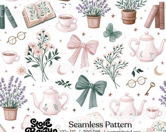 Bookish Seamless Pattern, Cottagecore Books And Bow Digital Paper, Cozy Fall Floral Fabric Pattern